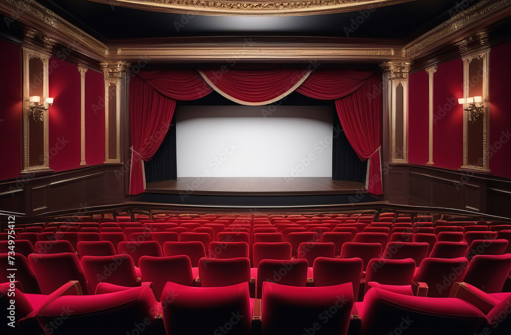 Fototapeta premium A view of luxurious theater in aged paper background. Theater scene and seat. Wide shot of an Empty Elegant Classic Theatre. old retro vintage provincial theater. Red curtain of a classical theater