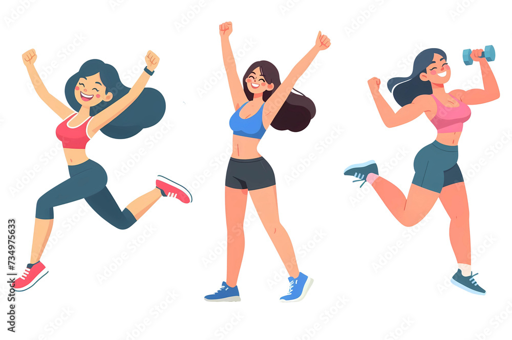 Illustration of happy fitness women in sportswear with jumping running and exercising poses. Character cartoon style Isolated on transparent background