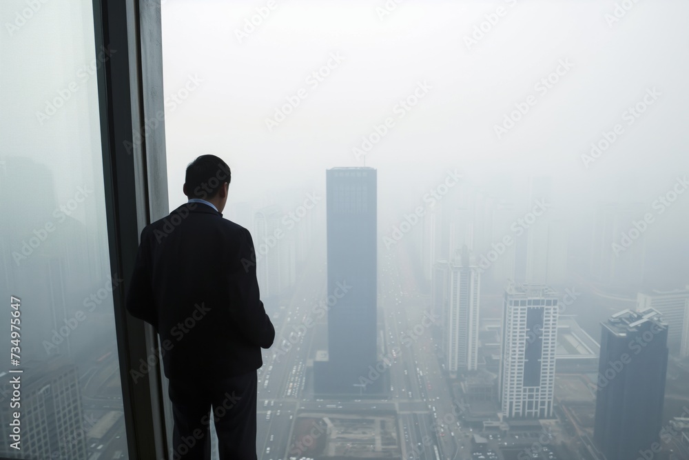 Fototapeta premium office worker looking at the hazy view from skyscraper