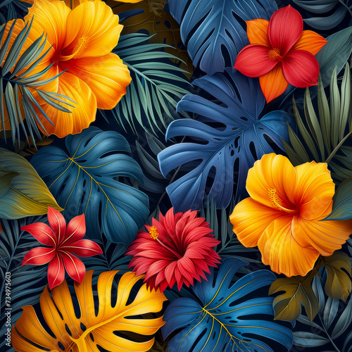 Wallpaper Mural Tropical rainforest leaves and flowers as background, ai generated Torontodigital.ca
