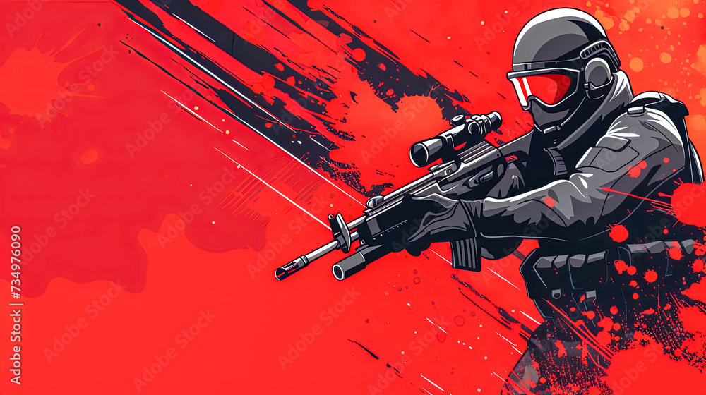 Sniper Soldier in Tactical Gear with Scoped Rifle on Red Artistic Background