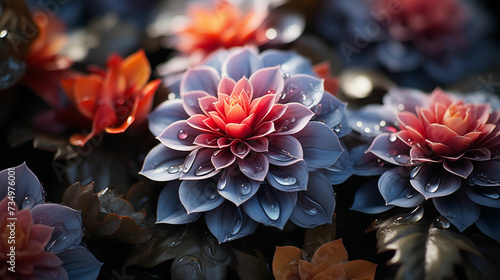 Detailed view of a cluster of flowers with water droplets adorning their petals. Generative AI. © MikeLegend