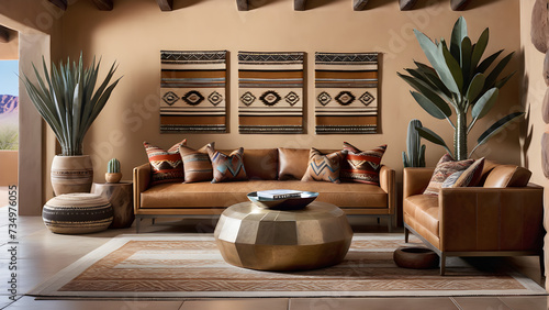 interior design,Southwestern: Earthy tones, natural materials, tribal patterns, and rustic accents for a warm, desert-inspired vibe, Generative AI © AI machine