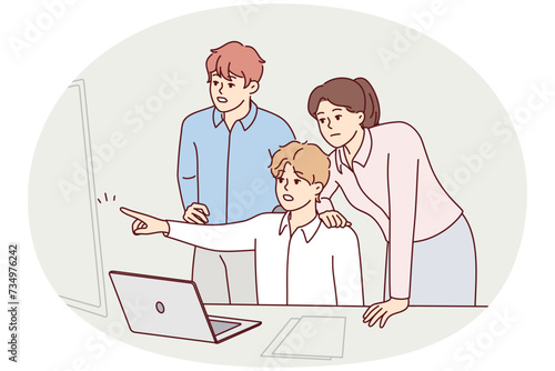 Teenage boy with afraid face points finger at window drawing attention parents to threatening person. Man and woman are standing near frightened son sitting at table with laptop. Flat vector design