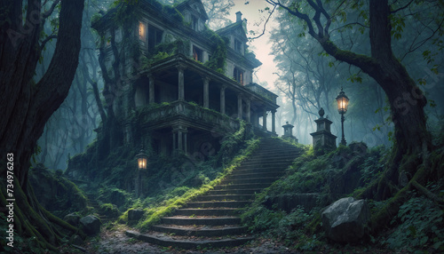 Mysterious old mansion in the forest with stone stairs and lantern