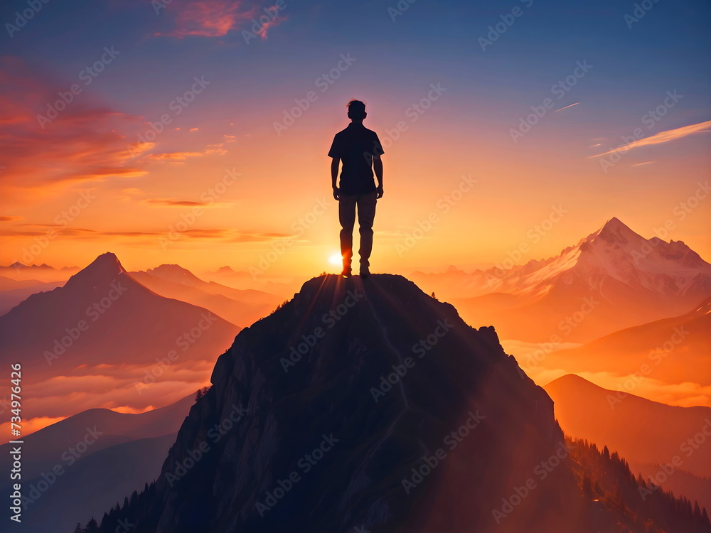 silhouette of a person on the top of the mountain generative AI