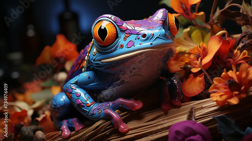 Blue frog perched atop a wooden branch, displaying its vibrant hues against the natural backdrop. Generative AI. photo