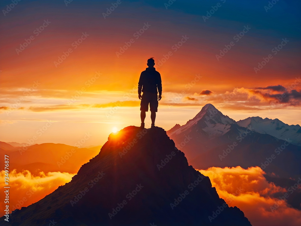 silhouette of a person on the top of the mountain generative AI
