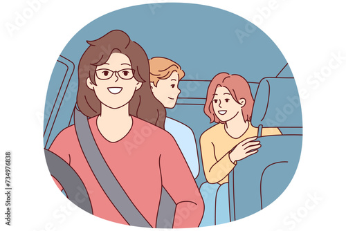 Woman drives car with teenage children in passenger seat, giving them ride to high school. Girl driver in glasses fastened with seat belt with friends in own vehicle. Flat vector illustration