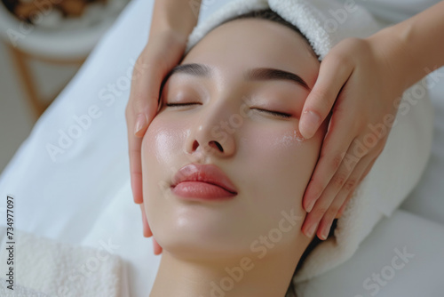 Close up masseur hands making face relaxing massage to a young Asian girl lying with closed eyes in beauty salon or cosmetology cabinet. Professional cosmetologist making massage for woman in spa