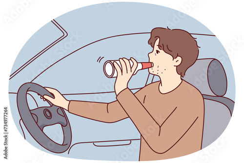 Irresponsible man drinks alcohol from bottle driving car risking lives of pedestrians. Guy driver drinks beer and does not use seat belt steering vehicle violating rules of road. Flat vector design