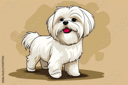 Cute Maltese shitzu dog on a brown background. Cartoon style illustration.