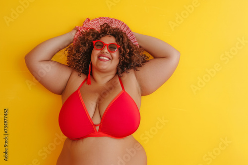 Portrait of a funny young happy plus size African American woman in red swimsuit going on summer holiday trip and having fun on a yellow studio background with copy space. Vacation and travel concept photo
