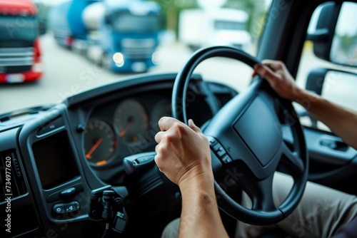 closeup of driver holding a tanker trucks steering wheel photo