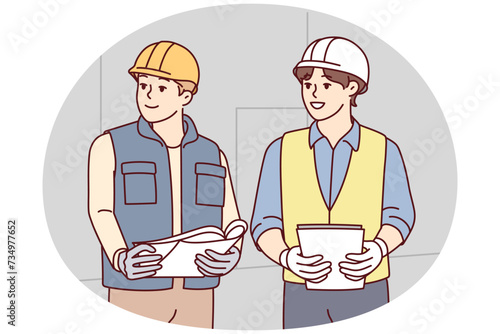 Two man builders in worker uniform look to side discussing construction process. Architects or engineers wearing protective helmets stand with papers in their hands at workplace. Flat vector image