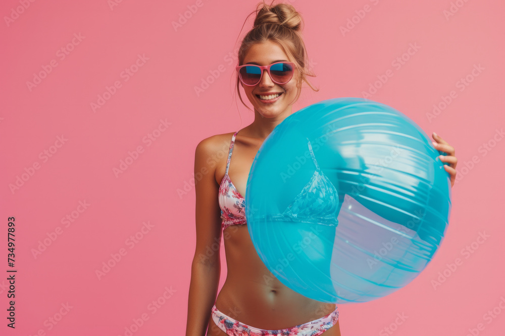Happy woman in swimsuit having fun holding inflatable ball and going on summer holiday trip standing on pink studio background. Vacation tour and travel concept. Happy woman in swimsuit having fun holding inflatable ball and going on summer holiday trip standing on pink studio background. Vacation tour and travel concept.