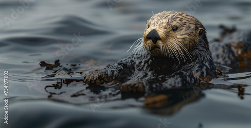 A sea otter floats lifelessly on the surface its fur matted and stained from the spilled oil. © Justlight