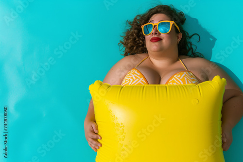 Happy funny plus size Latin woman in sunglasses and summer yellow bikini holding inflatable mattress isolated on a studio blue background. Fat girl going to swim on a beach. Vacation concept