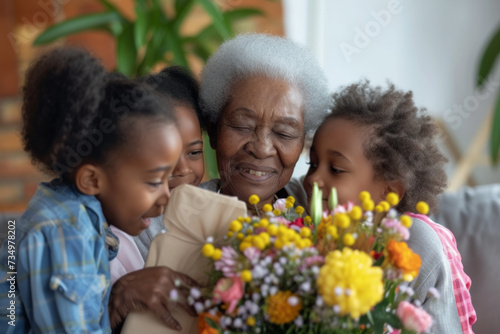 Happy senior African American woman receives presents from her grandchildren. Children make their grandmother a birthday surprise. Little kids give their grandma a gift card and a bouquet of flowers