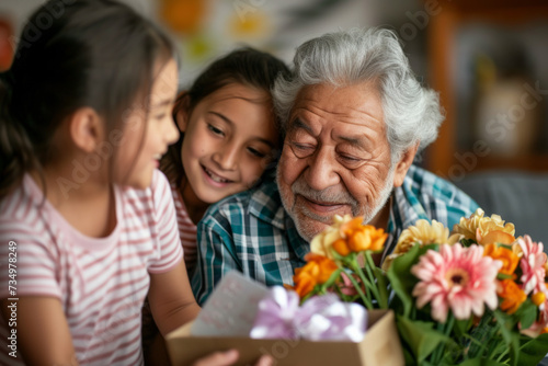 Happy senior Latin man receives presents from his grandchildren. Children make their grandfather a birthday surprise. Little kids give their grandpa a gift card and a bouquet of flowers