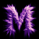 Letter M - Purple powder explosion font isolated on black background - uppercase letter M from the alphabet - Purple contrasting with a black background text - Purple dust burst typeset