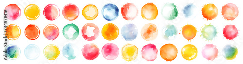Set of color watercolor circle set. Vector smear watercolor splash stain on transparent background. Round hand drawn watercolor background with yellow, blue, red, pink, orange, green ink color photo