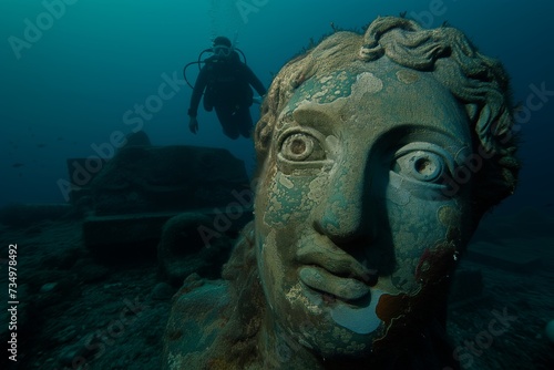 eerie statue of a face with a scuba diver behind it © primopiano
