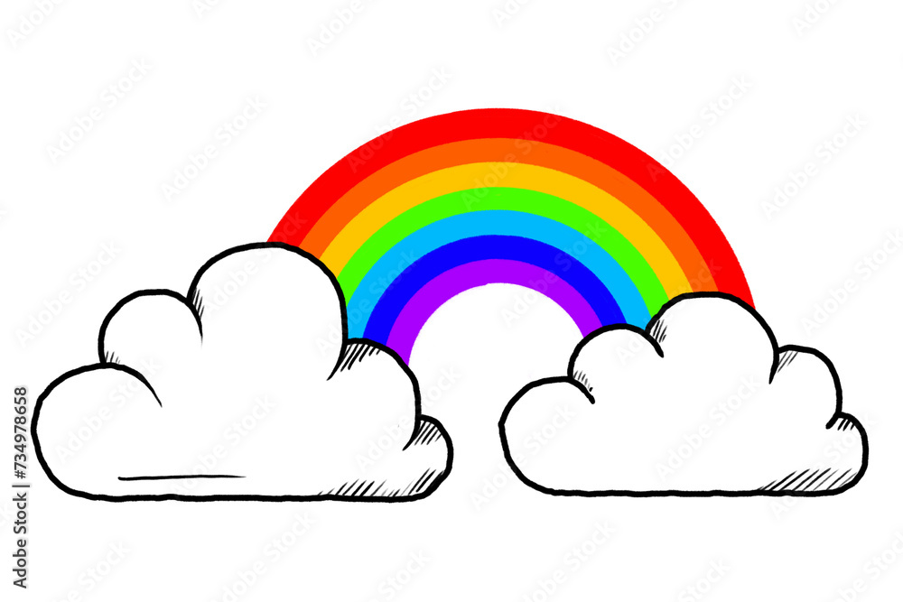 Clouds and Rainbow, Hand drawing Rainbow colours, pencil illustration