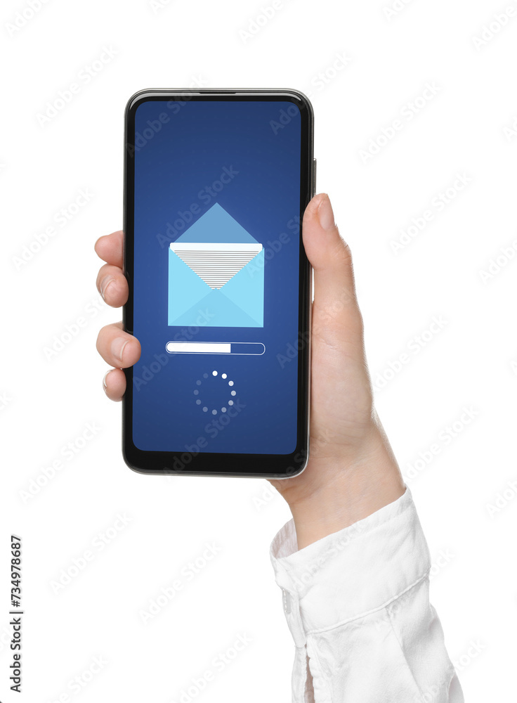 Got new message. Woman holding smartphone on white background, closeup Got new message. Woman holding smartphone on white background, closeup
