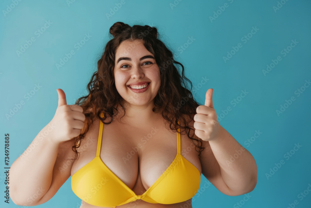 Portrait of happy smiling fat woman wearing yellow swimsuit showing thumb up sign isolated on a blue studio background. Travelling, body positive, vacation and summer journey concept. Portrait of happy smiling fat woman wearing yellow swimsuit showing thumb up sign isolated on a blue studio background. Travelling, body positive, vacation and summer journey concept.