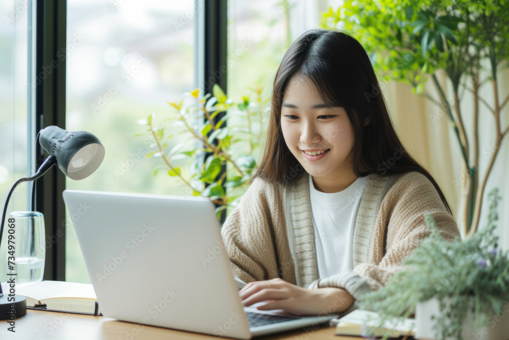 Smiling Japanese Girl studying with laptop computer. Teenage girl sitting at her desk and writing in notebook. Student doing her homework or learning online. Smiling Japanese Girl studying with laptop computer. Teenage girl sitting at her desk and writing in notebook. Student doing her homework or learning online.