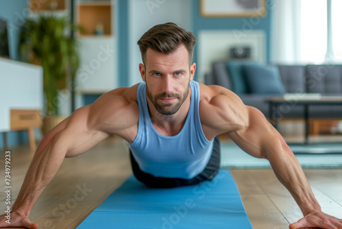 Young attractive sporty man doing push-up or plank sport exercises lying on yoga mat on the floor in the living room at home