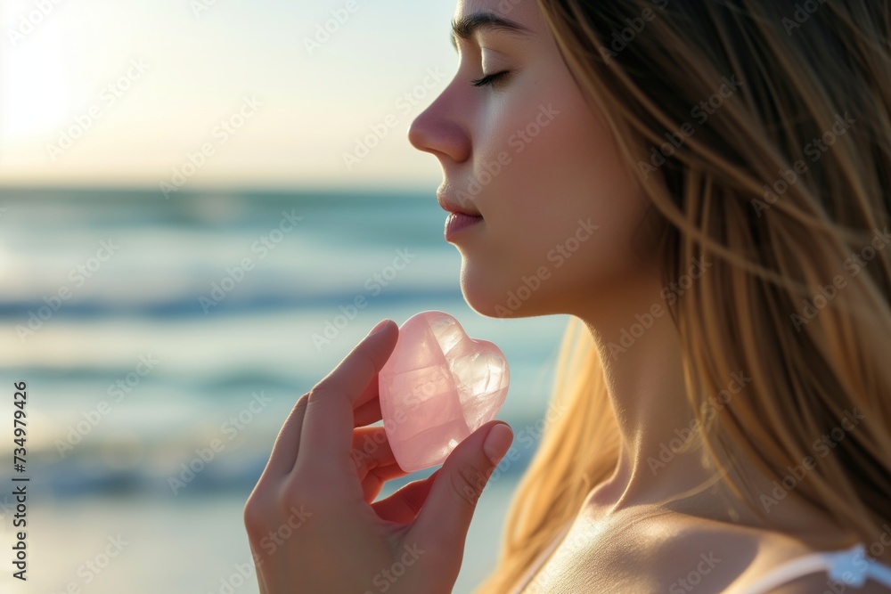profile of a lady holding a rose quartz near her heart at the beach - obrazy, fototapety, plakaty 