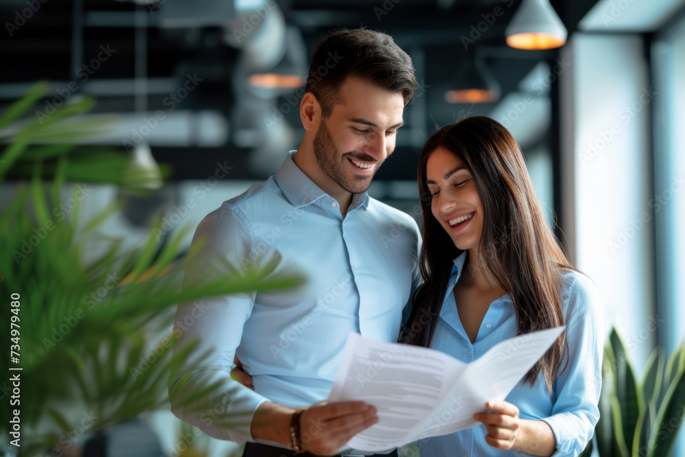 Portrait of two smiling business people man and woman standing in office at their workplace and looking through financial documents. Employees discussing work project or company finances. Portrait of two smiling business people man and woman standing in office at their workplace and looking through financial documents. Employees discussing work project or company finances.