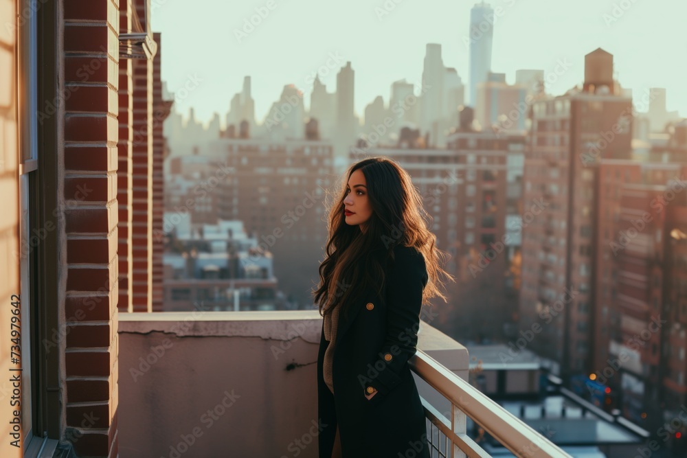 woman on an urban balcony, with the cityscape behind