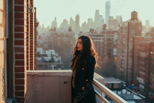 woman on an urban balcony, with the cityscape behind