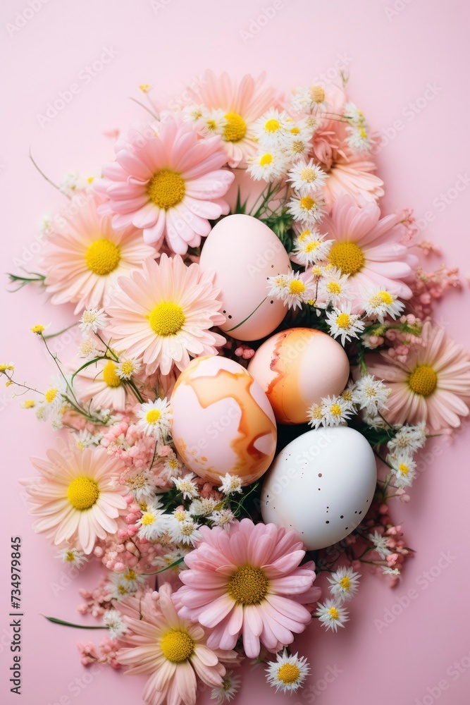 Beautiful Easter composition. Painted decorative Easter eggs and spring flowers. Holiday card, Easter background. Delicate pink pastel colors