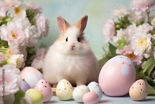 Fluffy cute bunny, painted Easter eggs, spring flowers. Festive composition, funny Easter card with animal. Delicate pastel colors. Easter background © FoxTok