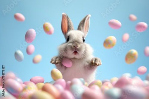 Funny Easter card. Cute fluffy bunny and flying colorful Easter eggs on plain blue background. Creative festive Easter background. Happy spring holiday