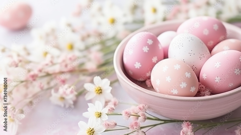 Beautiful Easter composition. Painted decorative Easter eggs and spring flowers. Holiday card, Easter background. Delicate pink pastel colors Beautiful Easter composition. Painted decorative Easter eggs and spring flowers. Holiday card, Easter background. Delicate pink pastel colors