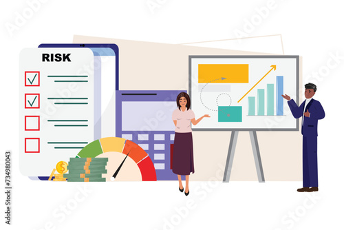 Two colleagues, a black man and a white woman collaborate at the whiteboard, conducting analysis and employing tools like charts, calculator, money, risk meter, and mobile app