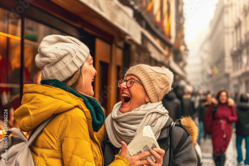 Fictional senior girlfriends happily laughing upon arriving in a new city during travelling in the late winter season. Concept of powerfully playful moments in daily life.