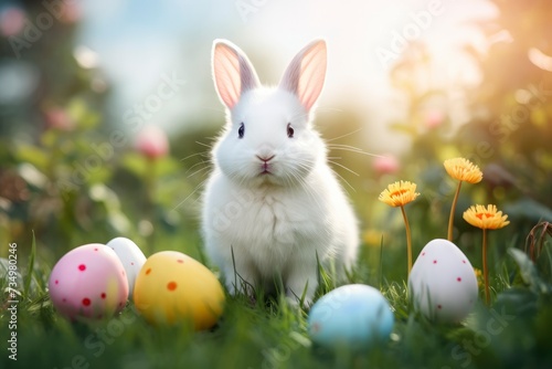 Easter holiday card. Cute fluffy little bunny in the grass with spring flowers and colorful Easter eggs. Happy easter. Spring natural background © FoxTok