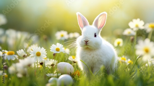 Easter holiday card. Cute fluffy little bunny in the grass with spring flowers and colorful Easter eggs. Happy easter. Spring natural background