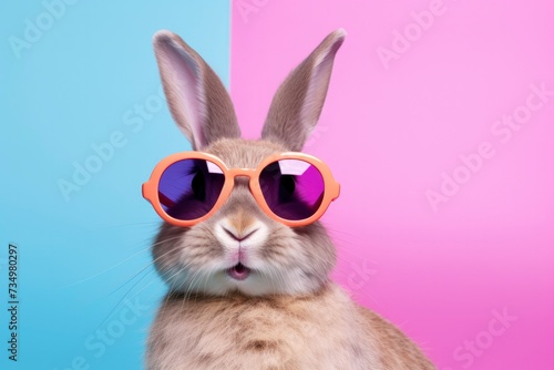 Cheerful fluffy bunny in funny sunglasses on pink blue background. Creative layout with rabbit, spring, easter holiday, funny minimalistic card with animal