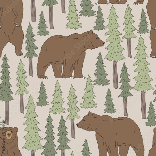 Retro groovy brown grizzly bear in pine forest vector seamless pattern. Wild nature woods animals background. Happy camper summer vacation outdoor recreation backdrop.