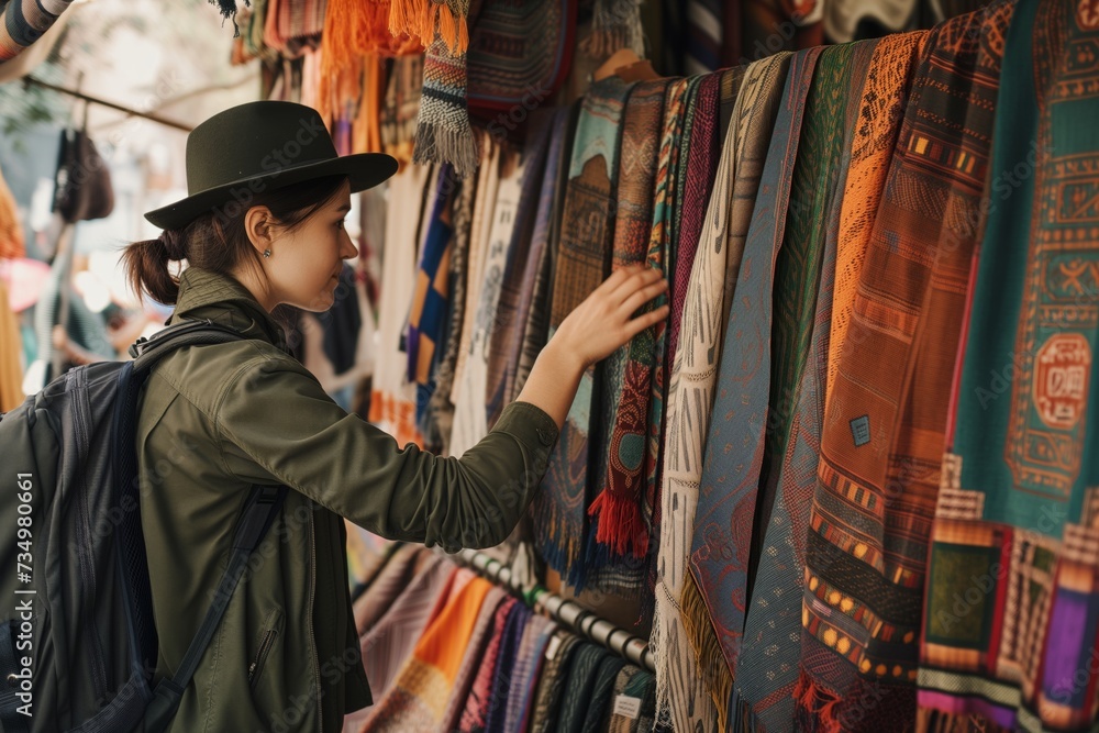 Naklejka premium solo traveler touching fabric at a textile vendors booth