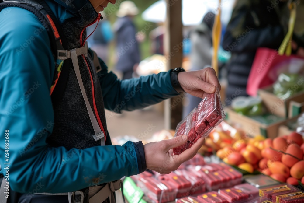 hiker buying fruit energy bars from an organic market stall