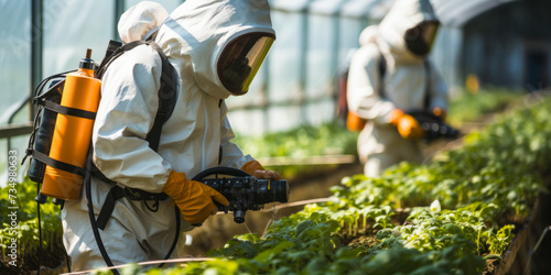 Two agricultural workers in protective suits spraying plants with pesticide in a sunlit greenhouse, ensuring crop health and pest control