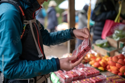 hiker buying fruit energy bars from an organic market stall